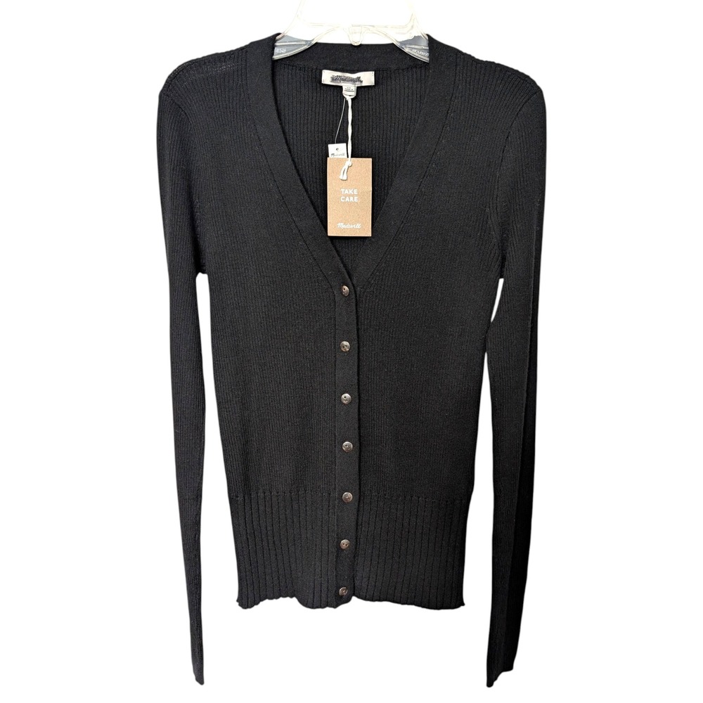 Madewell Black Merino Silk Blend V-Neck Button Front Cardigan Sweater Black XS - Picture 5 of 11